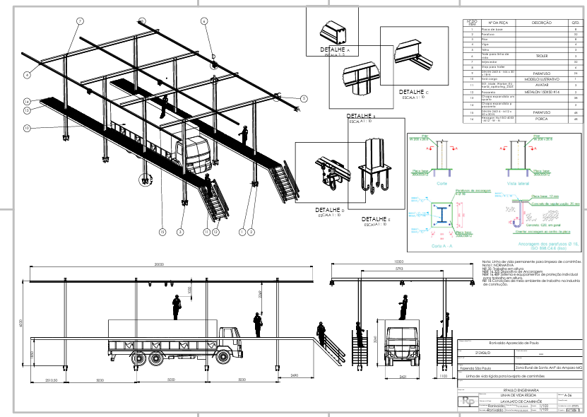 Projeto técnico de estrutura com linha de vida