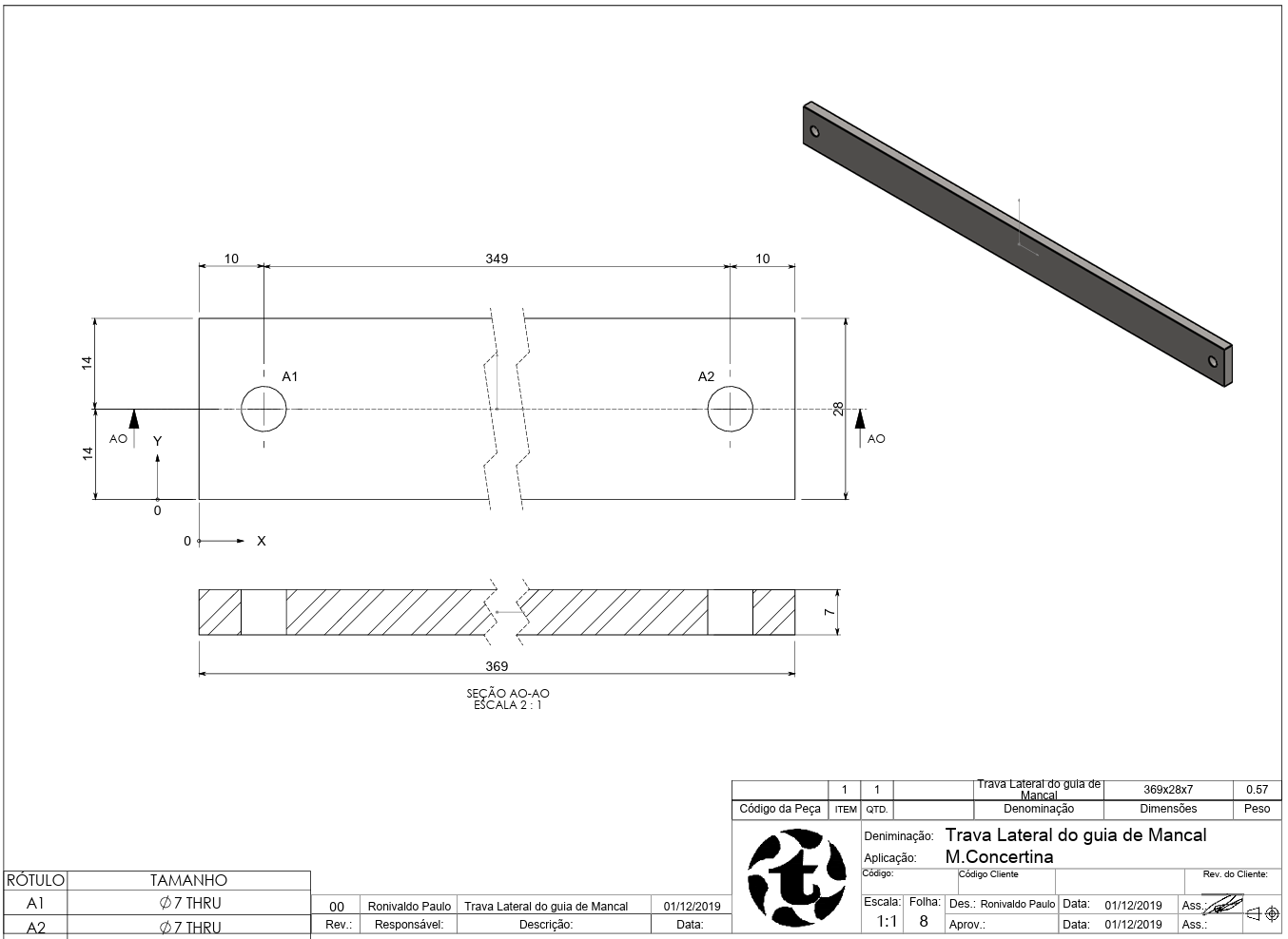 Desenho técnico da trava lateral
