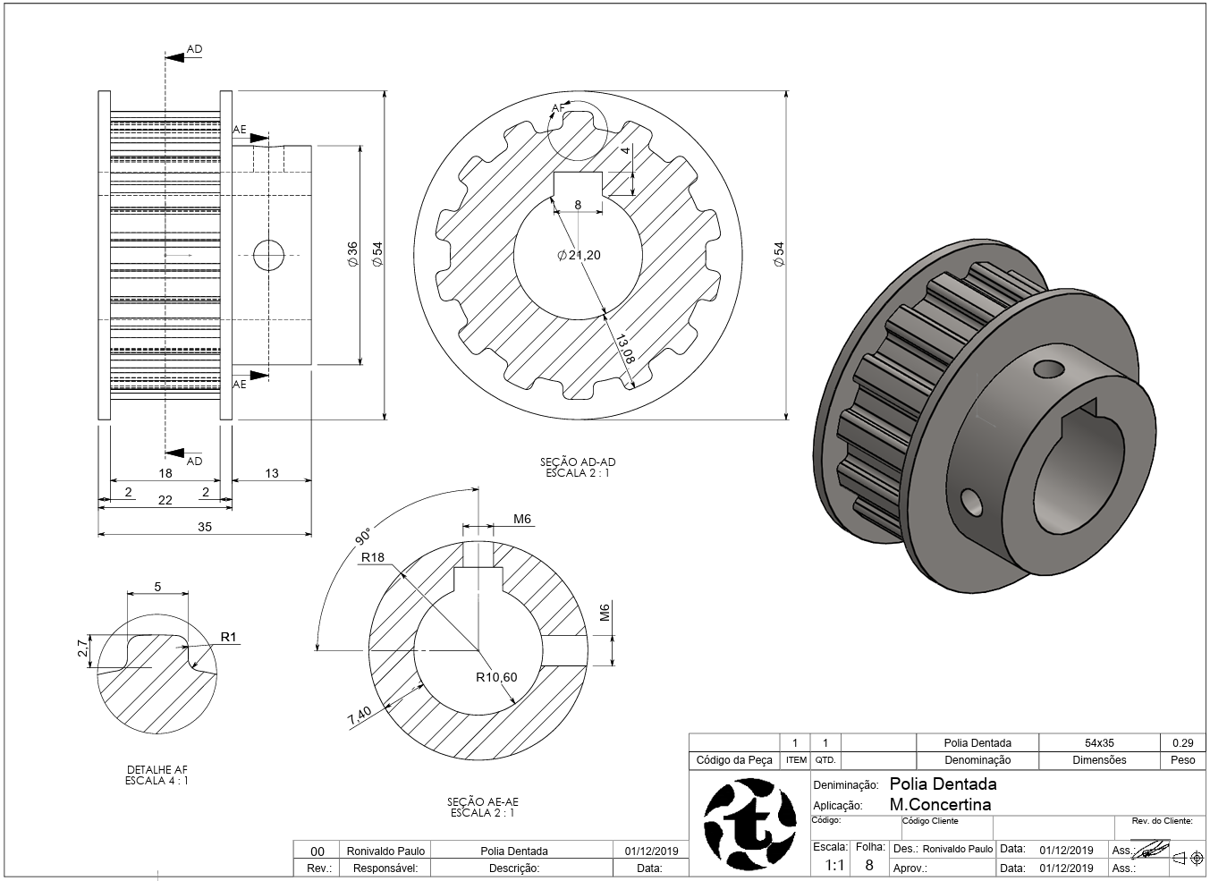 Desenho técnico de polia dentada