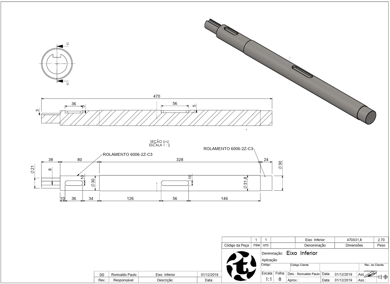 Desenho técnico de eixo inferior